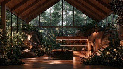 Fototapeta premium Lush indoor jungle meets modern home with island kitchen and large windows