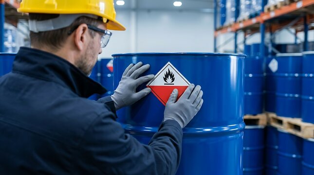 Worker in yellow helmet and safety goggles sticks flammable warning label on blue chemical barrel in factory warehouse to ensure safety compliance and protection.