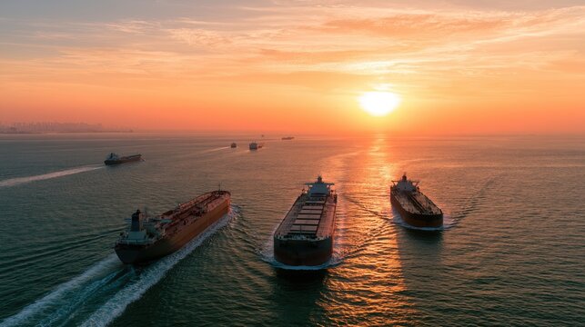 Cargo ships traverse calm waters at sunset, leaving wakes behind