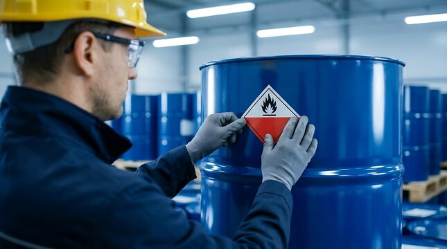 Worker in yellow helmet and safety goggles sticks flammable warning label on blue chemical barrel in factory warehouse to ensure safety compliance and protection.