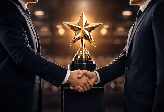 Business partners shaking hands over a golden trophy with star symbolizing success and achievement