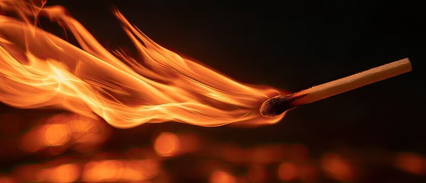 A burning matchstick ignites in a swirl of bright orange flames against a dark background