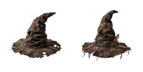 Fototapeta premium Two tattered old wizard hats isolated on transparent background