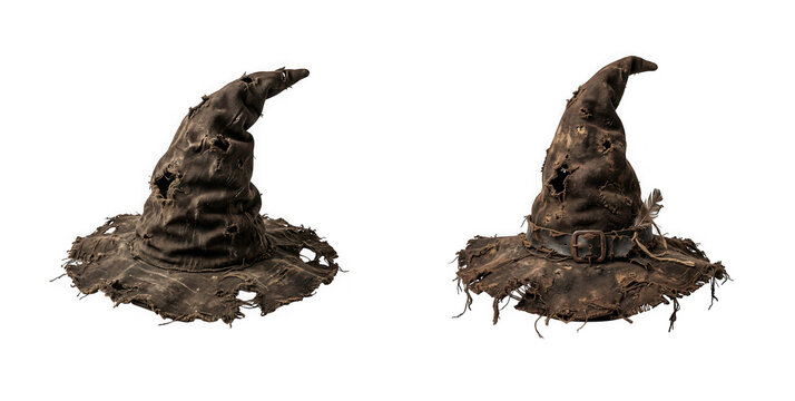 Two tattered old wizard hats isolated on transparent background