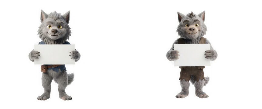 Two cute cartoon werewolf characters holding blank white signs isolated on transparent background