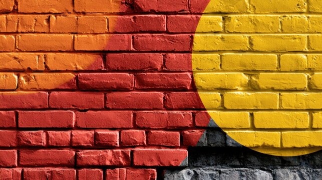 Vibrant artistic mural with overlapping bright red, orange, and yellow circular shapes painted on textured brick wall background