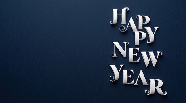 happy new year white paper cut typography arranged on dark navy blue textured background with elegant minimalist lettering, concept of greeting cards, corporate greetings, holiday advertising