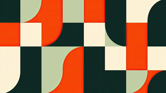 Geometric pattern with squares, rectangles, and curved elements in warm and cool tones