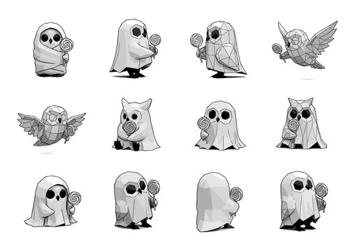 Low poly ghost owl character with lollipop in multiple poses