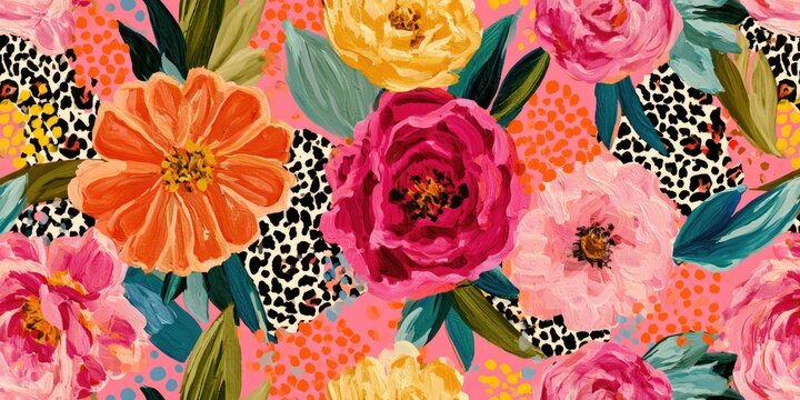 Vibrant floral and animal print pattern with bold colors
