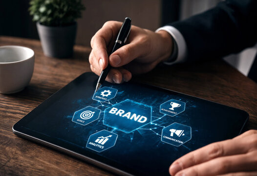 Business professional using a digital tablet to develop brand strategy and analytics concepts