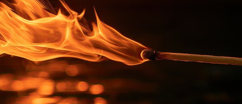 Close-up of a lit match with vibrant orange flames against a dark background