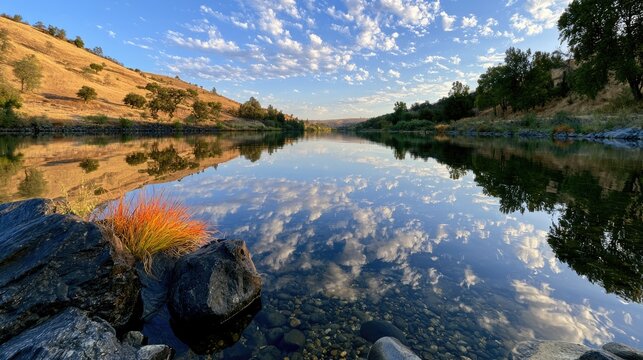 Serene river mirrors golden hills, blue sky, and fluffy clouds at sunrise