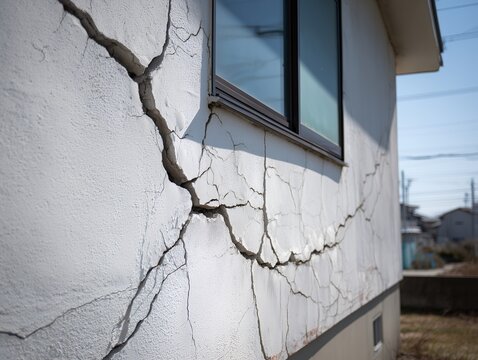 地震や経年劣化で外壁に大きなひび割れや亀裂が入った住宅の白い壁と窓のクローズアップ