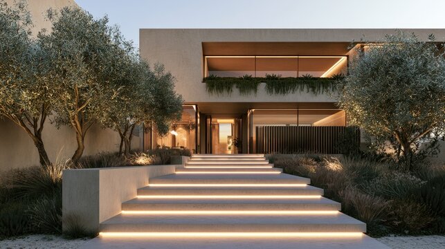 Illuminated modern residence with landscaped entrance and mature trees