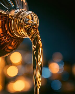 Amber liquid pours from a clear bottle, creating a graceful stream against bokeh