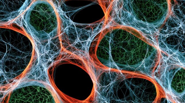Abstract, glowing, interconnected network of organic-like structures