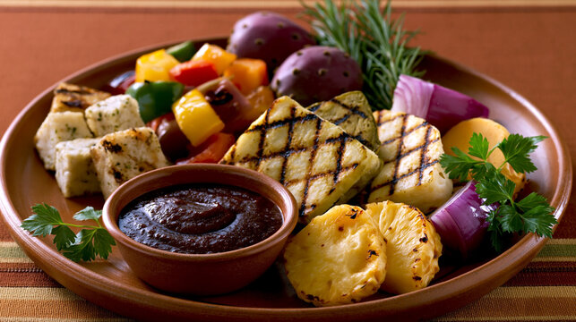 Grilled halloumi cheese with prickly pear barbecue sauce and vegetables platter