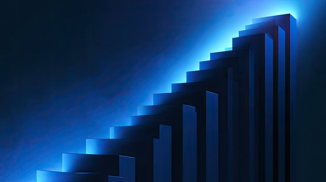 Abstract blue light illuminates geometric stairs ascending into darkness