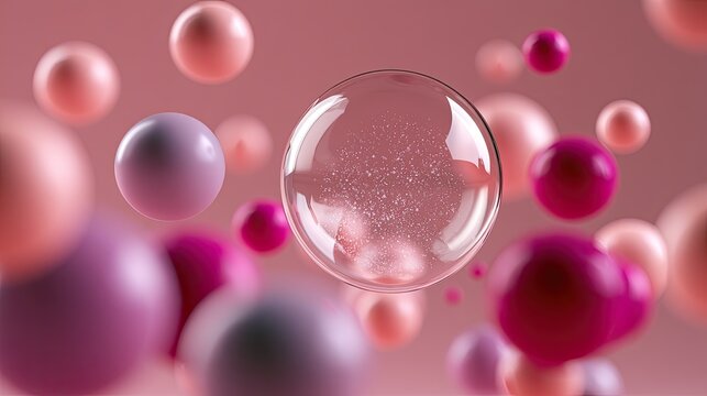 Ethereal, translucent spheres drift in a soft pink, dreamy, abstract space