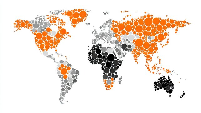 A world map rendered with a mosaic of multicolored circles representing global distribution