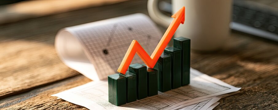 Green and orange bar graph shows upward trend next to paper scroll and cup