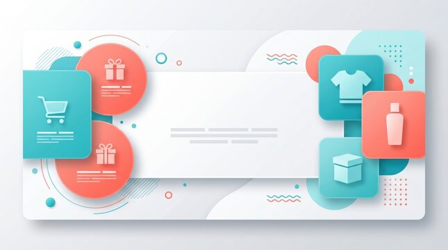 Modern e-commerce banner template, digital shopping infographic with icons, clean retail marketing web header with coral and teal elements