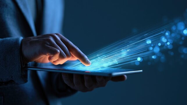 Person's hand touching a tablet with bright blue light and data streams emanating