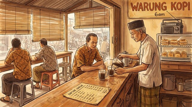 Kopiah Warung Kopi Owner Pouring Kettle To Batik Customer At Wooden Counter With Daftar Harga Menu Board Bread Display Shelf Radio 6AM Sign Busy Morning Street View