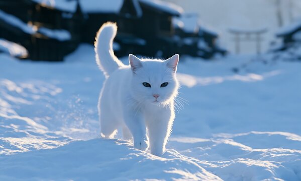  white cat bounding through deep snow toward the camera