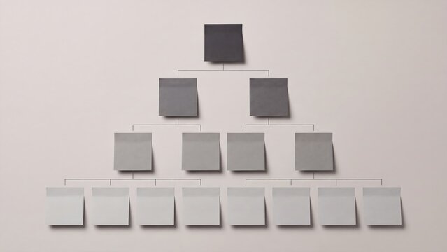 Organization chart of grey sticky notes, hierarchy tree with connecting lines, corporate structure concept for business and management