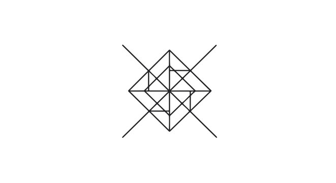 A geometric pattern consisting of intersecting squares and lines, creating a complex symmetrical design