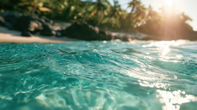 Crystal clear turquoise ocean waves with tropical foliage and bright sunlight