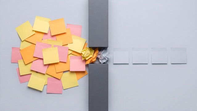Chaos to order with sticky notes, messy colorful papers becoming a neat grey grid, organization and workflow concept for business