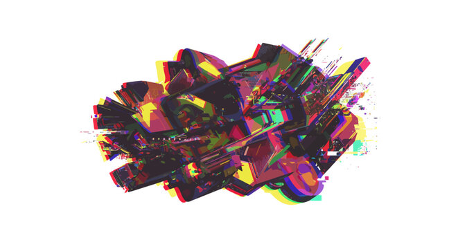 Abstract glitch art with vibrant colors and geometric shapes, conveying a sense of digital distortion and futuristic aesthetics