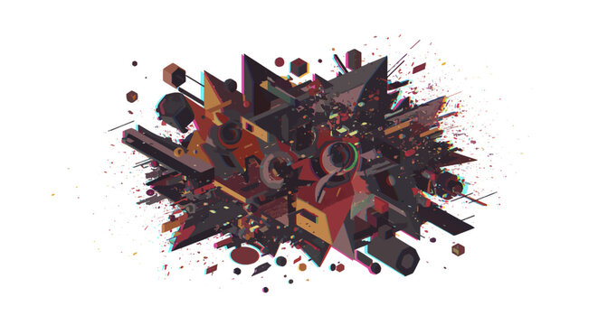 An abstract explosion of geometric shapes and textures, rendered in dark, earthy tones with splashes of red and brown, creating a chaotic yet intriguing visual composition