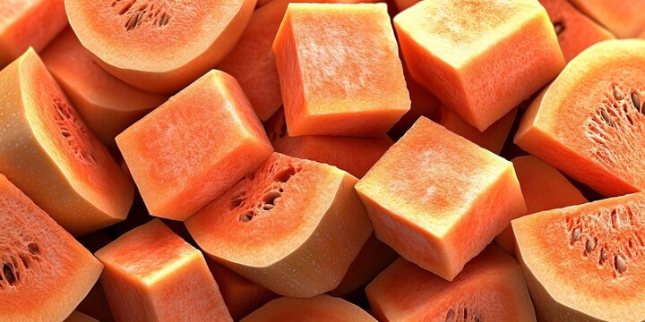 Fresh Butternut Squash Cubes With Slices Organic Raw Winter Vegetable Piece Pile Texture Backdrop.