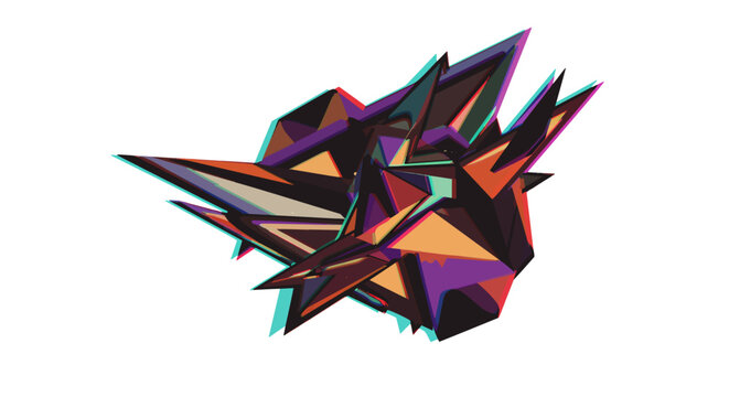 An abstract geometric shape with sharp, angular lines in vibrant colors, creating a dynamic and futuristic visual effect