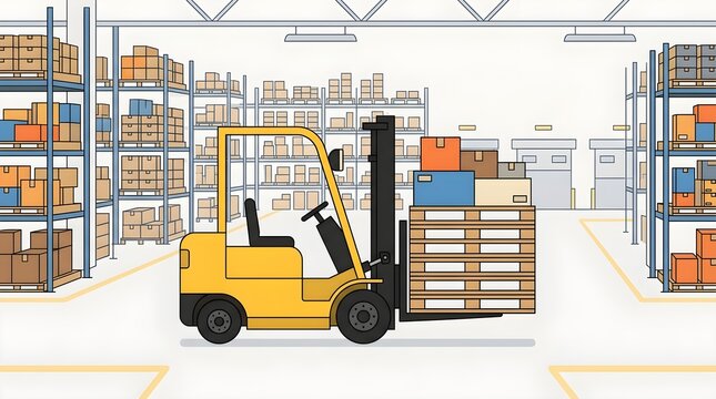Forklift transporting a pallet of boxes inside a large warehouse with organized storage racks and inventory. Flat vector illustration representing material handling and warehouse operations.