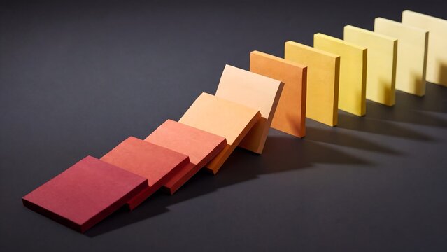 Domino effect of falling sticky note blocks from red to yellow, chain reaction and risk concept for business and strategy design