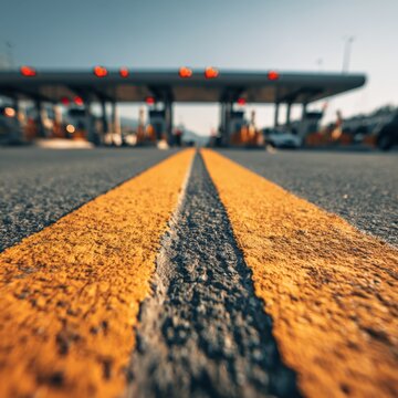 Detailed perspective of worn double yellow lines on asphalt road leading to a toll booth with illuminated red signals under clear sky on a sunny day