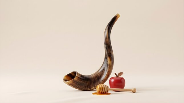 Modern 3D Render Minimalist Shofar with Apple and Honey on Clean Background