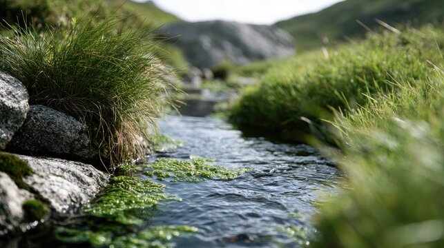 Gentle mountain stream flows through lush green grassy banks under sunlight