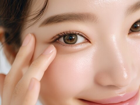 美しく澄んだ瞳でカメラを見つめる透明感のある肌が印象的な笑顔の女性のアップ