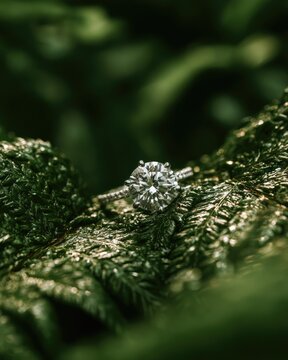 Sparkling diamond ring rests on lush, green foliage, nature's backdrop