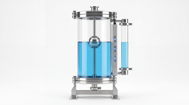 Industrial Tank Level Sensor with Transparent Liquid Level on White Background