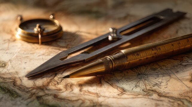 Vintage and futuristic navigation and drafting tools resting on a topographic map for measuring distances, scaling maps, scribing circles, contour lines, geographic coordinates, and grid markings