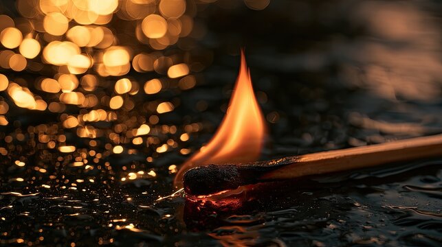 A burning match ignites a dark, glistening surface, with warm bokeh lights