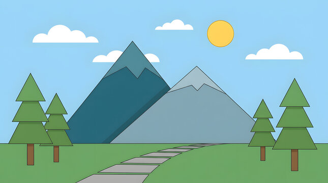 Mountain landscape with trees and winding road under sunny sky