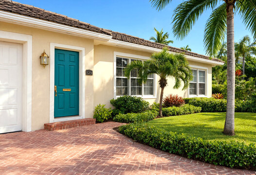 Charming singlestory house with teal front door surrounded by palm trees and lush landscaping under clear skies